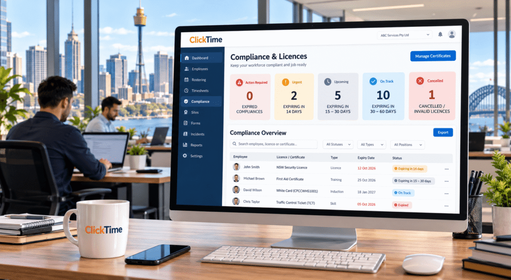 ClickTime workforce licence and compliance tracking dashboard displaying employee licence expiry statuses in a modern Sydney office