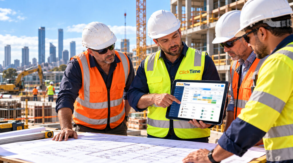 Construction supervisors using ClickTime contractor management software on a tablet in Australia