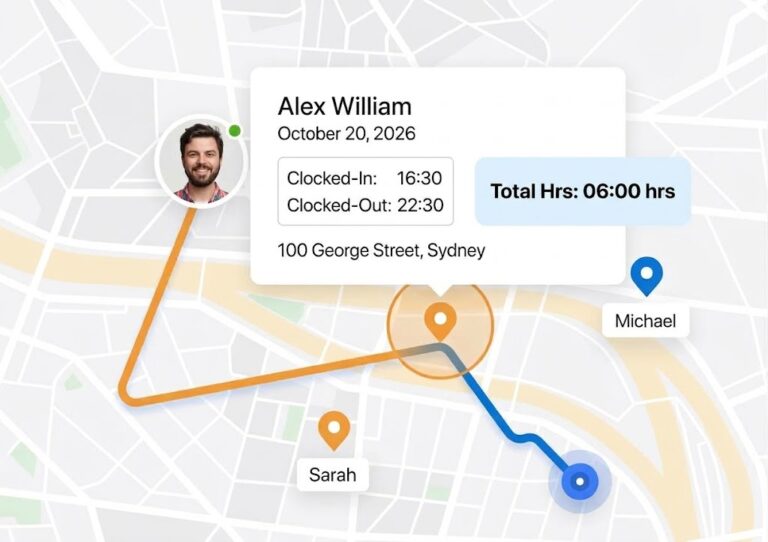 A digital interface showing an employee tracking map with a focus on a detailed timesheet